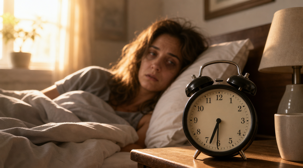 Trött kvinna som vaknar på morgonen