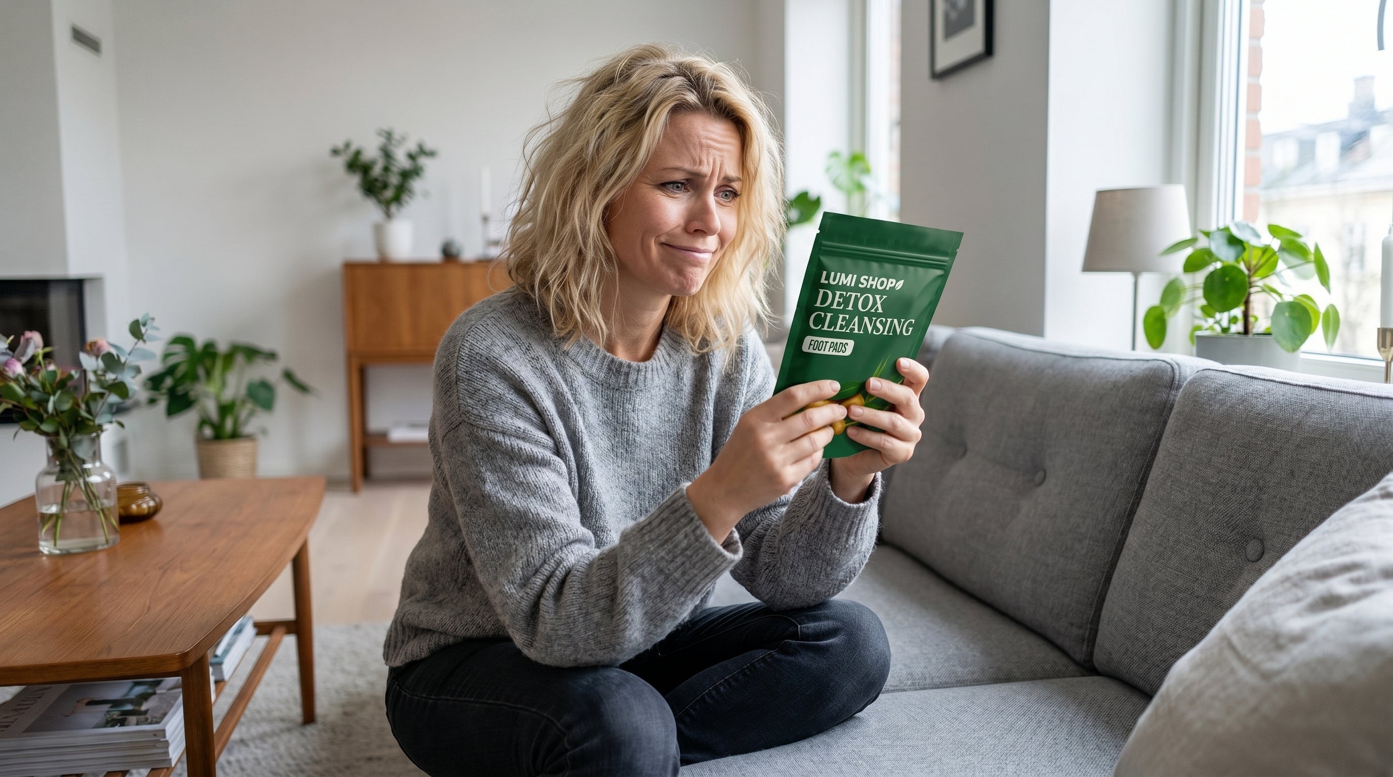 Skeptisk kvinna med fotplåster